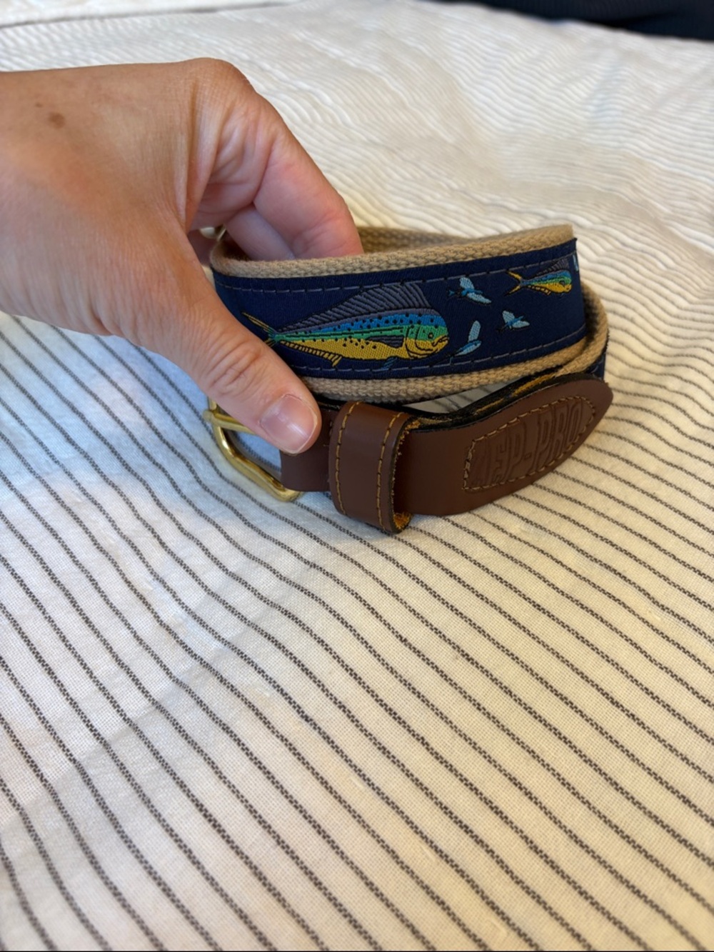 Zep Pro / Never Worn Navy Fish Embroidered Canvas Belt